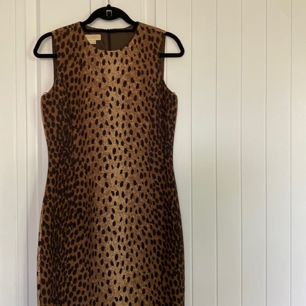 Michael Kors Animal Print Wool & Silk Sleeveless Sheath Midi Dress size 8